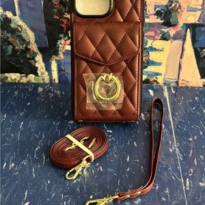 Apple Quilted Brown Leather-Style Crossbody Phone Case with Gold Ring